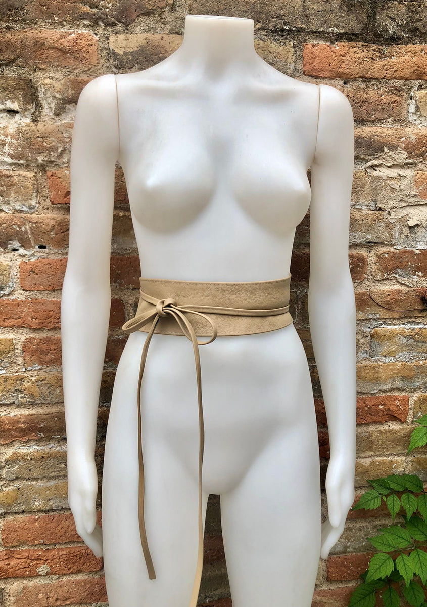 Beige wrap belt in soft leather. LONGER option. Waist, dress  display picture 2