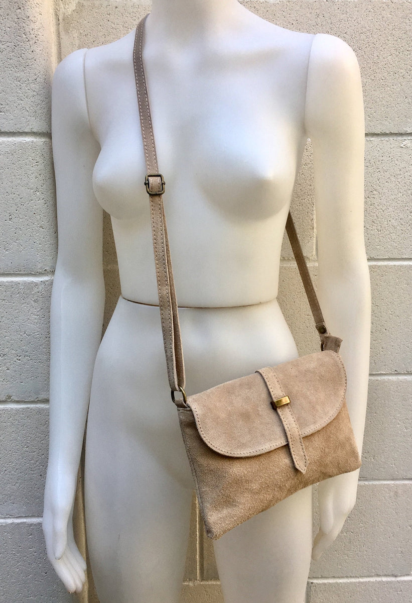 Crossbody bag. Light beige boho suede leather purse with bronze color –  Handmade suede bags by Good Times Barcelona