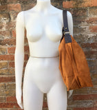 Slouch leather bag in light camel. Light  saddle brown hobo  bag. Boho bag.Book or tablet bags in suede. Mustard brown soft leather shopper
