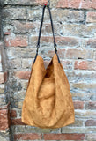 Slouch leather bag in light camel. Light  saddle brown hobo  bag. Boho bag.Book or tablet bags in suede. Mustard brown soft leather shopper