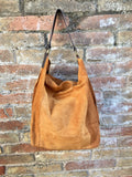 Slouch leather bag in light camel. Light  saddle brown hobo  bag. Boho bag.Book or tablet bags in suede. Mustard brown soft leather shopper