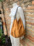 Slouch leather bag in light camel. Light  saddle brown hobo  bag. Boho bag.Book or tablet bags in suede. Mustard brown soft leather shopper