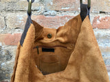 Slouch leather bag in light camel. Light  saddle brown hobo  bag. Boho bag.Book or tablet bags in suede. Mustard brown soft leather shopper