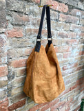 Slouch leather bag in light camel. Light  saddle brown hobo  bag. Boho bag.Book or tablet bags in suede. Mustard brown soft leather shopper