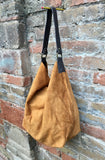 Slouch leather bag in light camel. Light  saddle brown hobo  bag. Boho bag.Book or tablet bags in suede. Mustard brown soft leather shopper