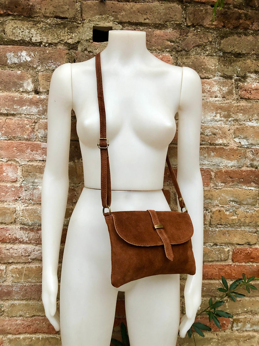 Suede leather bag in dark CAMEL BROWN. Tobacco color crossbody bag in  GENUINE leather. Small leather bag with adjustable strap and zipper.