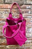 Hot PINK shopper bag in GENUINE leather. Large carry all bag for laptops, books. Fuchsia pink leather tote /  bucket bag. Pink leather purse