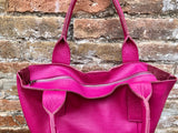 Hot PINK shopper bag in GENUINE leather. Large carry all bag for laptops, books. Fuchsia pink leather tote /  bucket bag. Pink leather purse