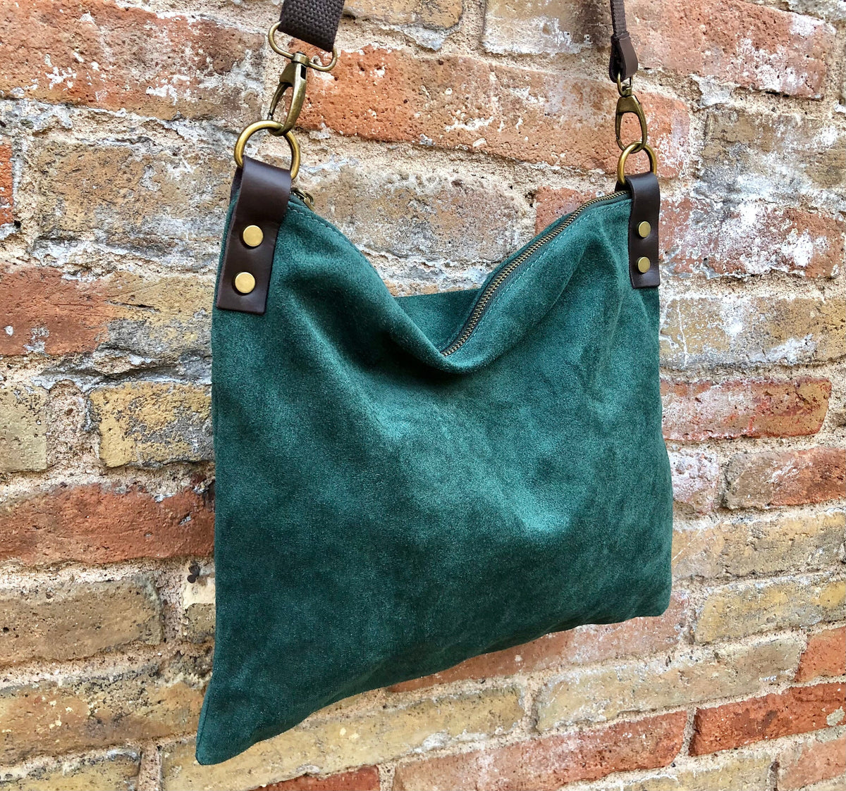 GREEN suede messenger bag: 1 GUITAR strap + 1 brown strap. Soft genuin –  Handmade suede bags by Good Times Barcelona