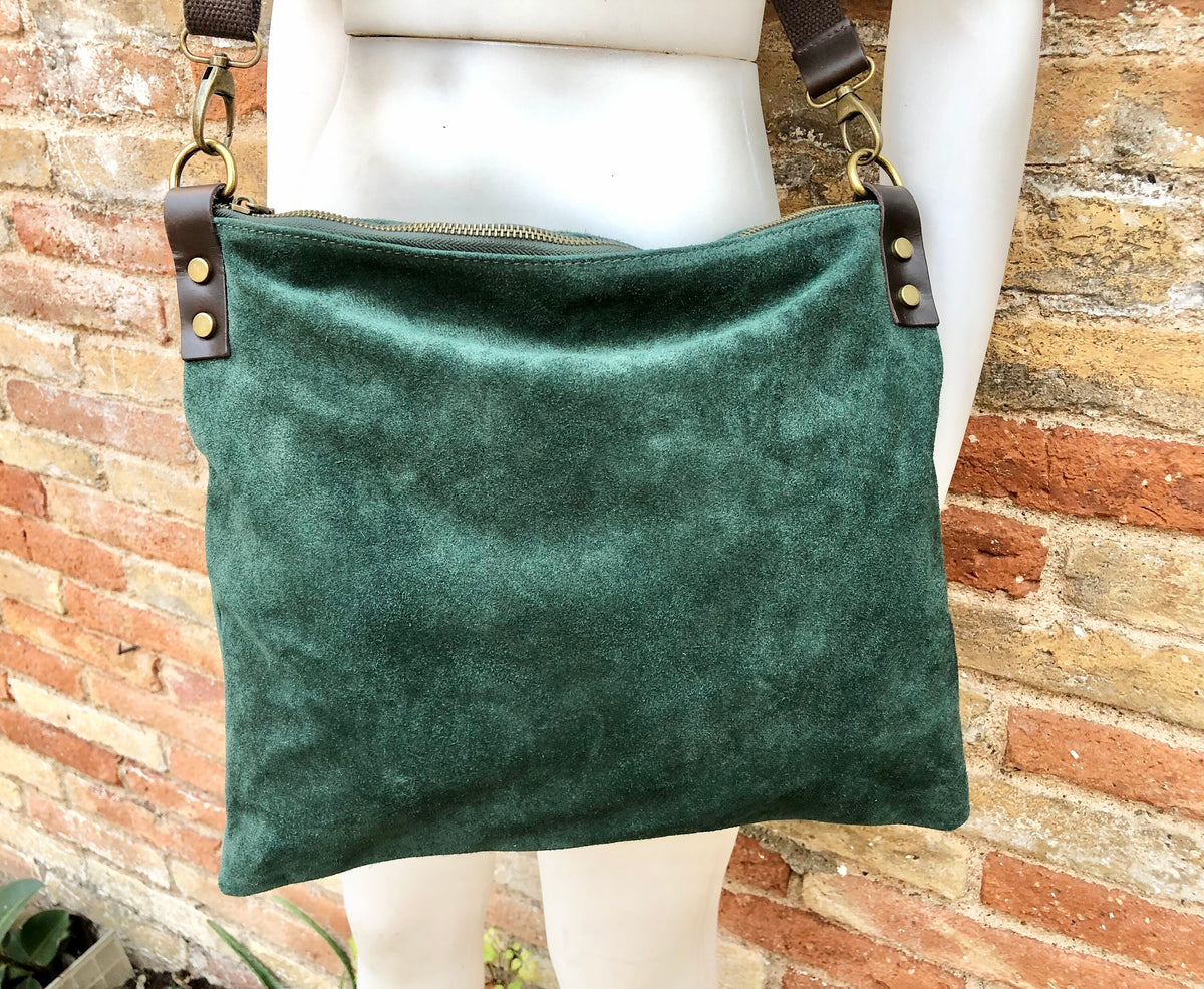 Girly Handbags Genuine Suede Cross Body Shoulder Bag (Dark Green)