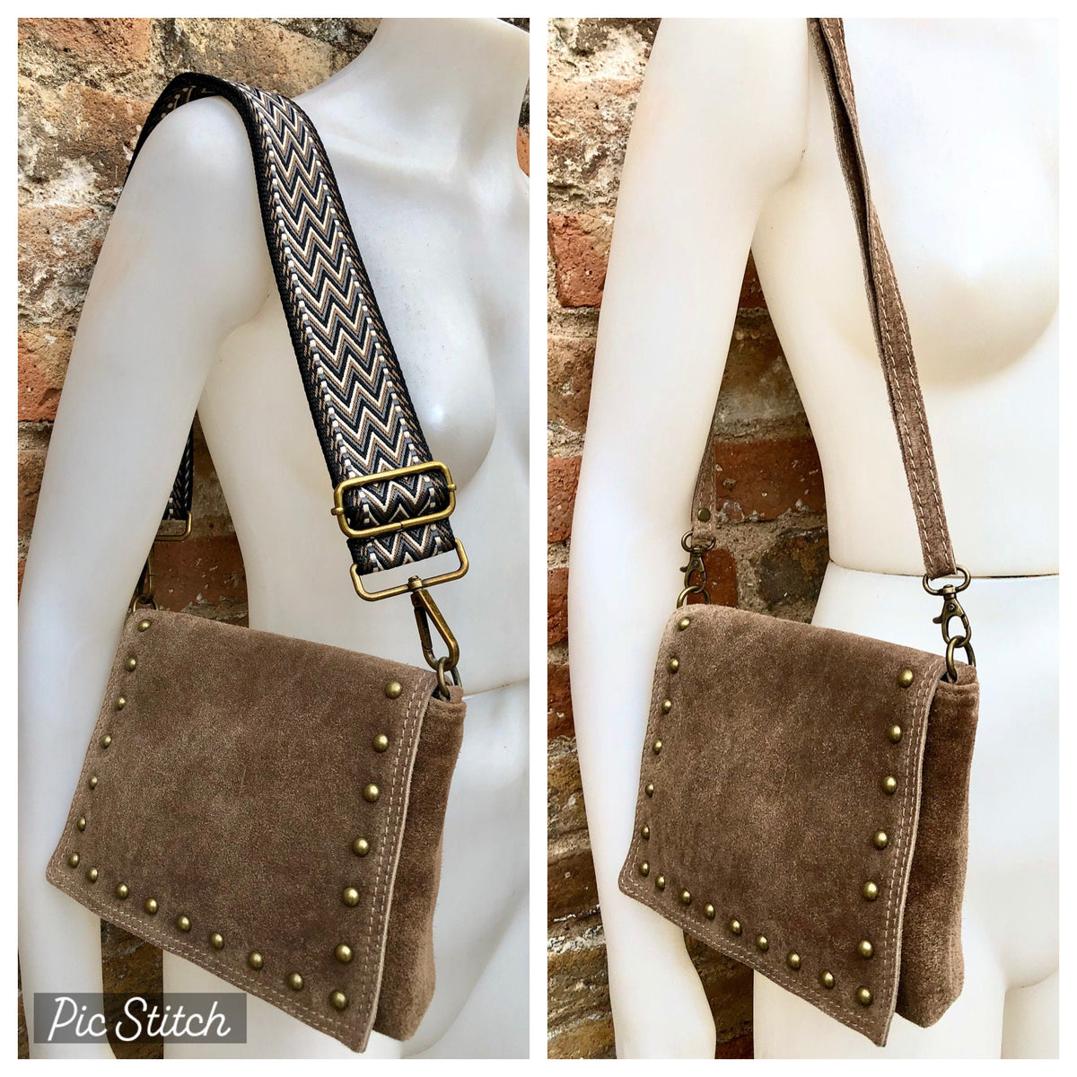 Taupe brown crossbody bag with adjustable guitar strap + suede strap. –  Handmade suede bags by Good Times Barcelona