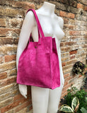 Tote suede leather bag in PINK. Soft natural genuine leather shopper bag. Hot pink suede shopper. Fuchsia shoulder bag. Pink suede purse.