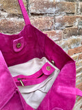 Tote suede leather bag in PINK. Soft natural genuine leather shopper bag. Hot pink suede shopper. Fuchsia shoulder bag. Pink suede purse.