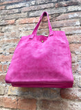 Tote suede leather bag in PINK. Soft natural genuine leather shopper bag. Hot pink suede shopper. Fuchsia shoulder bag. Pink suede purse.