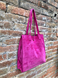 Tote suede leather bag in PINK. Soft natural genuine leather shopper bag. Hot pink suede shopper. Fuchsia shoulder bag. Pink suede purse.
