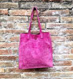 Tote suede leather bag in PINK. Soft natural genuine leather shopper bag. Hot pink suede shopper. Fuchsia shoulder bag. Pink suede purse.