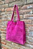 Tote suede leather bag in PINK. Soft natural genuine leather shopper bag. Hot pink suede shopper. Fuchsia shoulder bag. Pink suede purse.