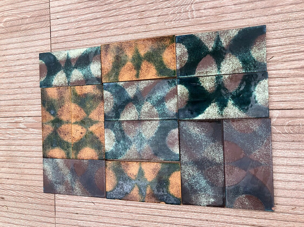 Special listing for Vanessa: Spanish vintage FAT LAVA tiles from the 70s. 12  brutalist style tiles in green + orange. Mid century flower power, groovy wall decor