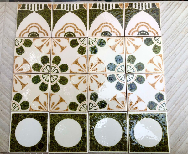 Special listing for Amy. Vintage green + ochre 70 s glazed tiles. Fat lava decorative tile mural. 16 pcs. 60s wall decor, vintage mid century majolica retro wall art