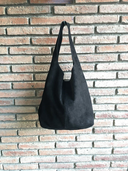 Slouch bag.Large TOTE leather bag in BLACK. Soft natural suede genuine leather bag. Bohemian bag. BLACK suede bag.