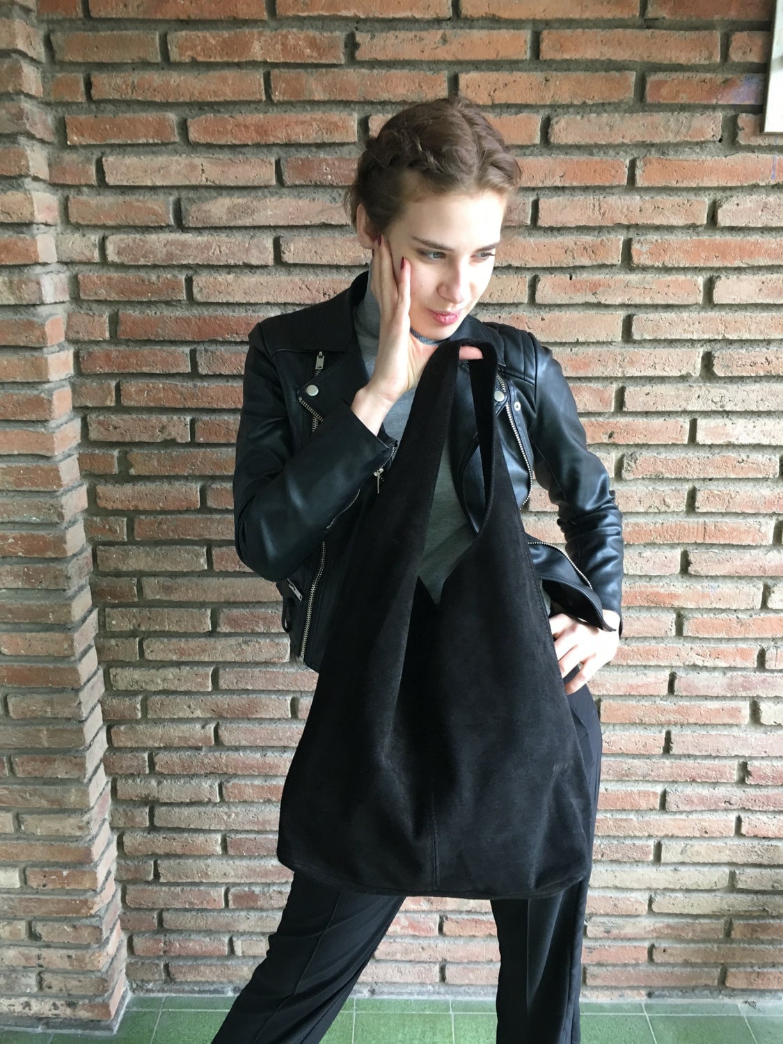 Slouch bag.Large TOTE leather bag in BLACK. Soft natural suede genuine leather bag. Bohemian bag. BLACK suede bag.