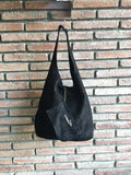 Slouch bag.Large TOTE leather bag in BLACK. Soft natural suede genuine leather bag. Bohemian bag. BLACK suede bag.