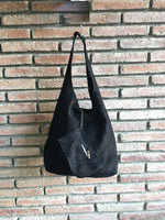 Slouch bag.Large TOTE leather bag in BLACK. Soft natural suede genuine leather bag. Bohemian bag. BLACK suede bag.