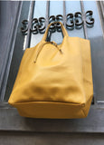 Tote leather bag in mustard YELLOW. Soft natural GENUINE leather bag. Large yellow leather shopper. Laptop or book bag in mustard.