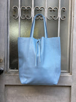 Tote leather bag in blue - gray. Leather shopper in natural GENUINE leather. Large carry all bag for your laptop, books.BLUE leather shopper