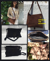 BOHO suede bag in dark chocolate BROWN. Soft genuine leather bag. Dark brown suede purse. Crossbody messenger bag for books, tablets etc