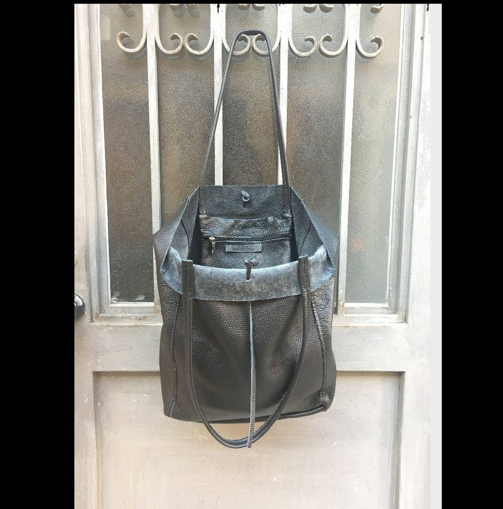 Tote leather bag in BLACK. Leather shopper made with soft natural GENUINE leather. Large BLACK shoulder bag for your laptop, books