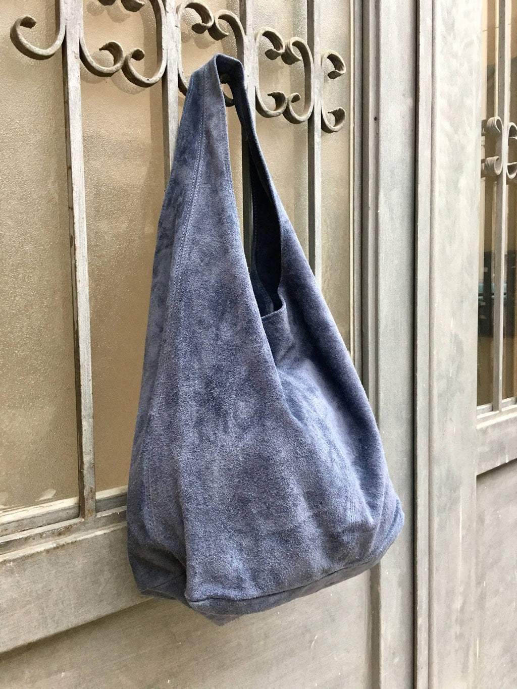 Slouch bag.Large TOTE leather bag in DENIM blue. Soft natural suede genuine leather bag. Bohemian bag. Blue suede bag.Denim bag
