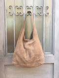 Slouch bag.Large TOTE leather bag in dark BEIGE. Soft natural suede leather bag. Bohemian bag. Light BROWN suede bag.