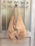 Slouch bag.Large TOTE leather bag in dark BEIGE. Soft natural suede leather bag. Bohemian bag. Light BROWN suede bag.