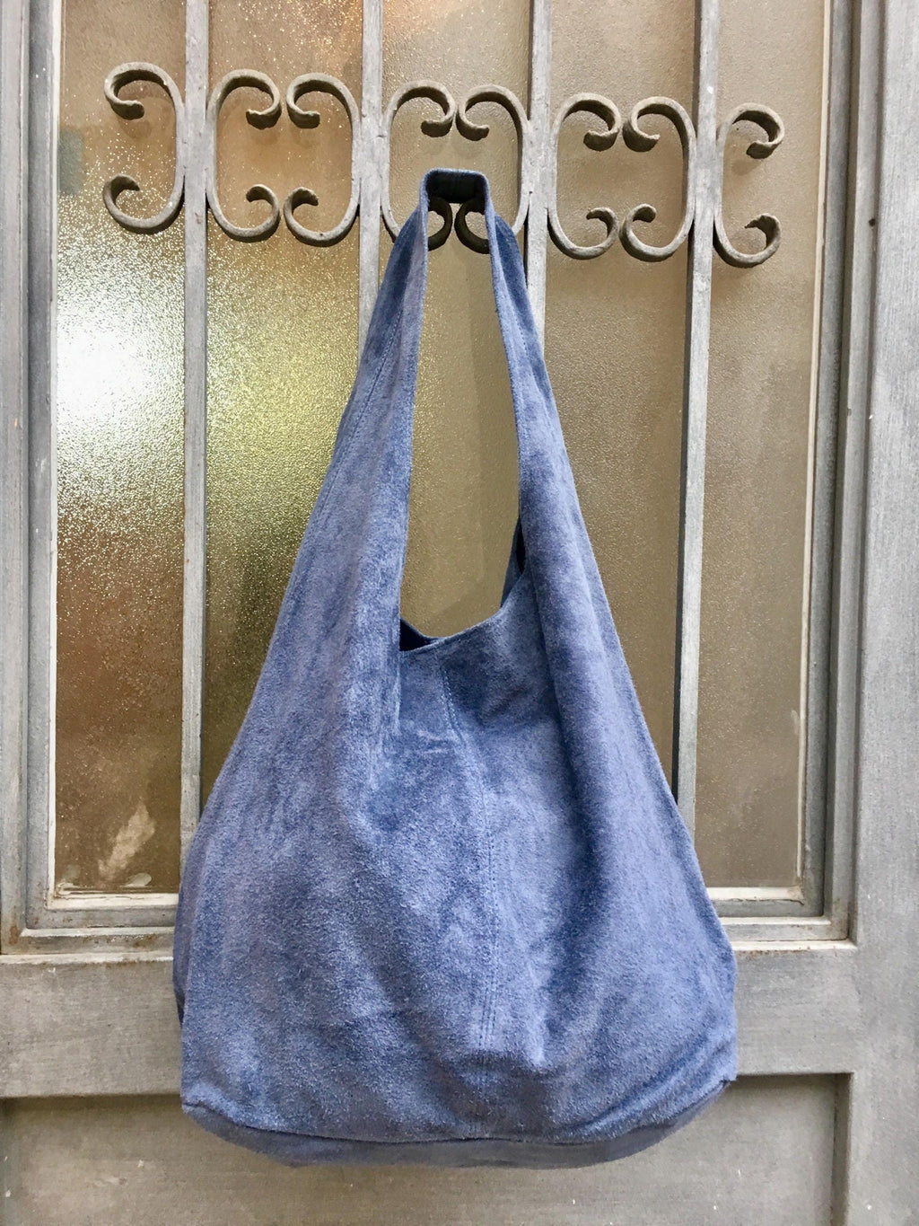Slouch bag.Large TOTE leather bag in DENIM blue. Soft natural suede genuine leather bag. Bohemian bag. Blue suede bag.Denim bag