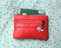 small purse in genuine leather. CORAL RED purse for cards, coins and bills, 3 zippers and a metallic butterfly charm. Soft red leather