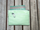 Small coin purse in genuine leather, 3 zippers. Fits credit cards, coins, bills. Small leather wallet. Beige, brown, purple, aqua green.