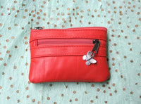 small purse in genuine leather. CORAL RED purse for cards, coins and bills, 3 zippers and a metallic butterfly charm. Soft red leather