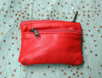 small purse in genuine leather. CORAL RED purse for cards, coins and bills, 3 zippers and a metallic butterfly charm. Soft red leather