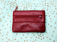 Small purse in genuine leather. Burgundy coin purse with 3 Zippers, fits credit cards, coins, bills. Small leather wallet