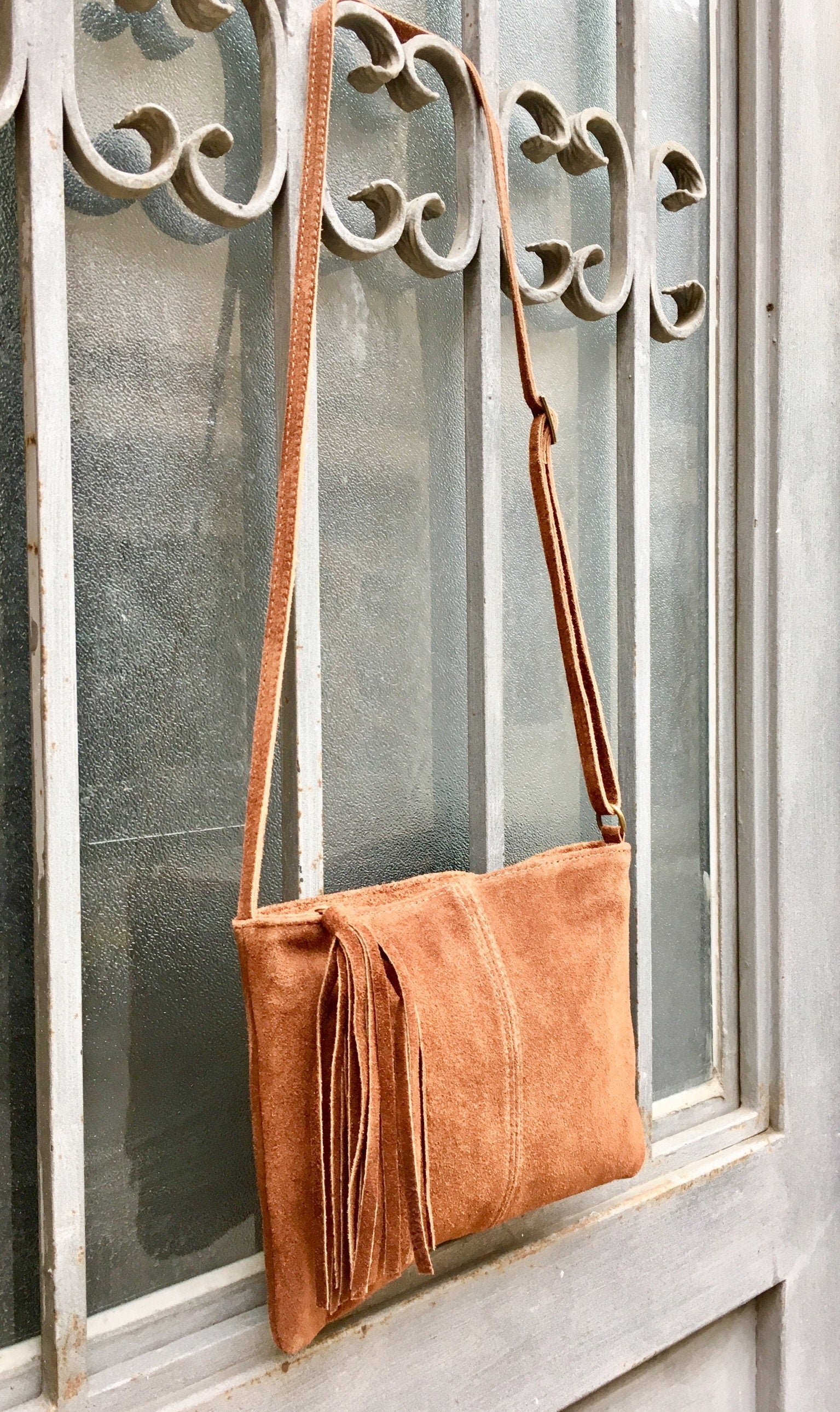 Suede leather bag in CAMEL BROWN Cross body bag, shoulder bag in GENUINE leather. Small leather bag with adjustable strap and zipper.
