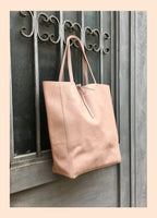 Tote leather bag in soft PINK. Leather shopper in pink. Soft natural GENUINE leather . Large pastel pink bag for your laptop, books