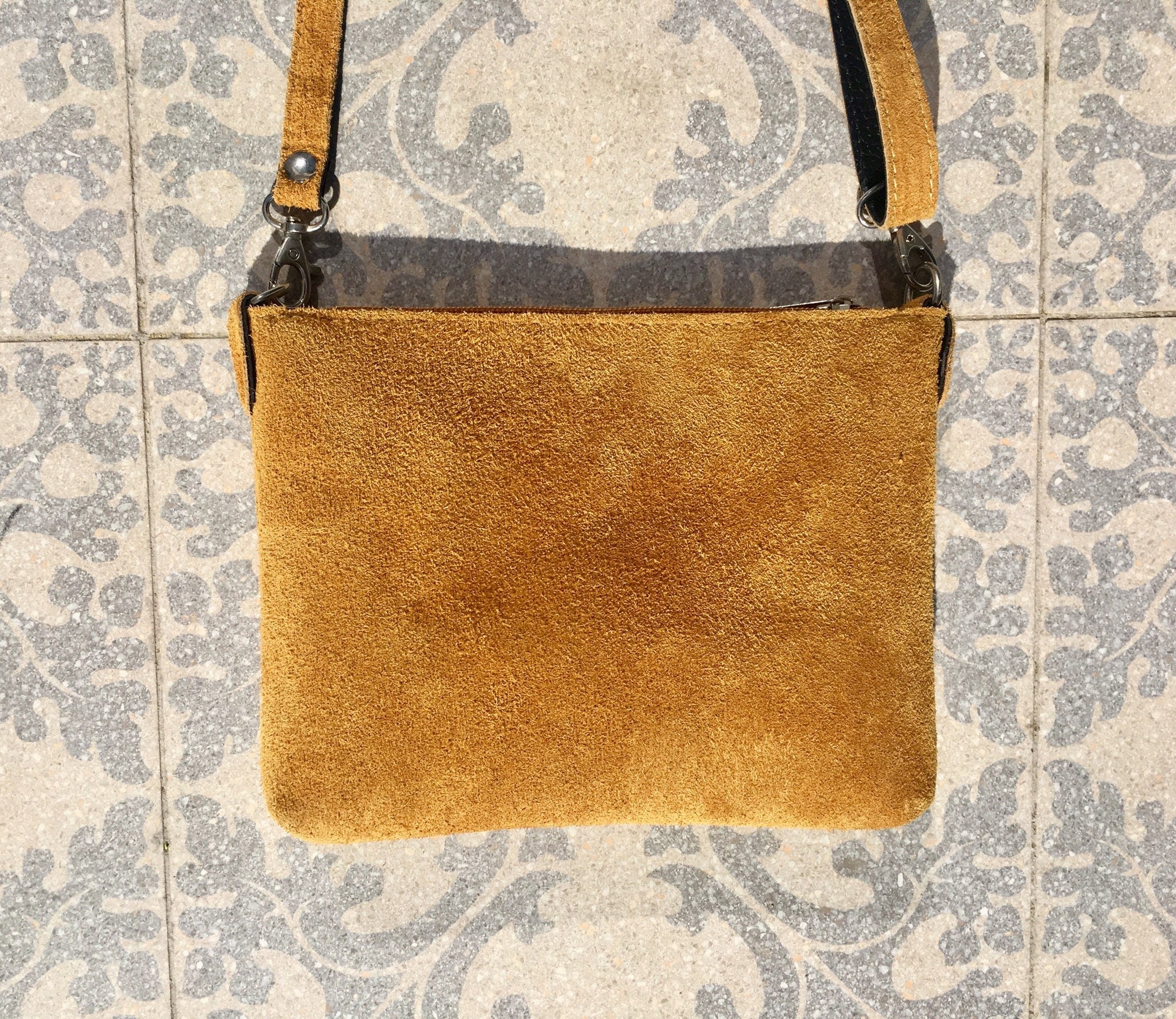 Suede leather bag in MUSTARD YELLOW .Crossbody bag or shoulder bag in GENUINE leather. Suede purse with adjustable strap and zipper.