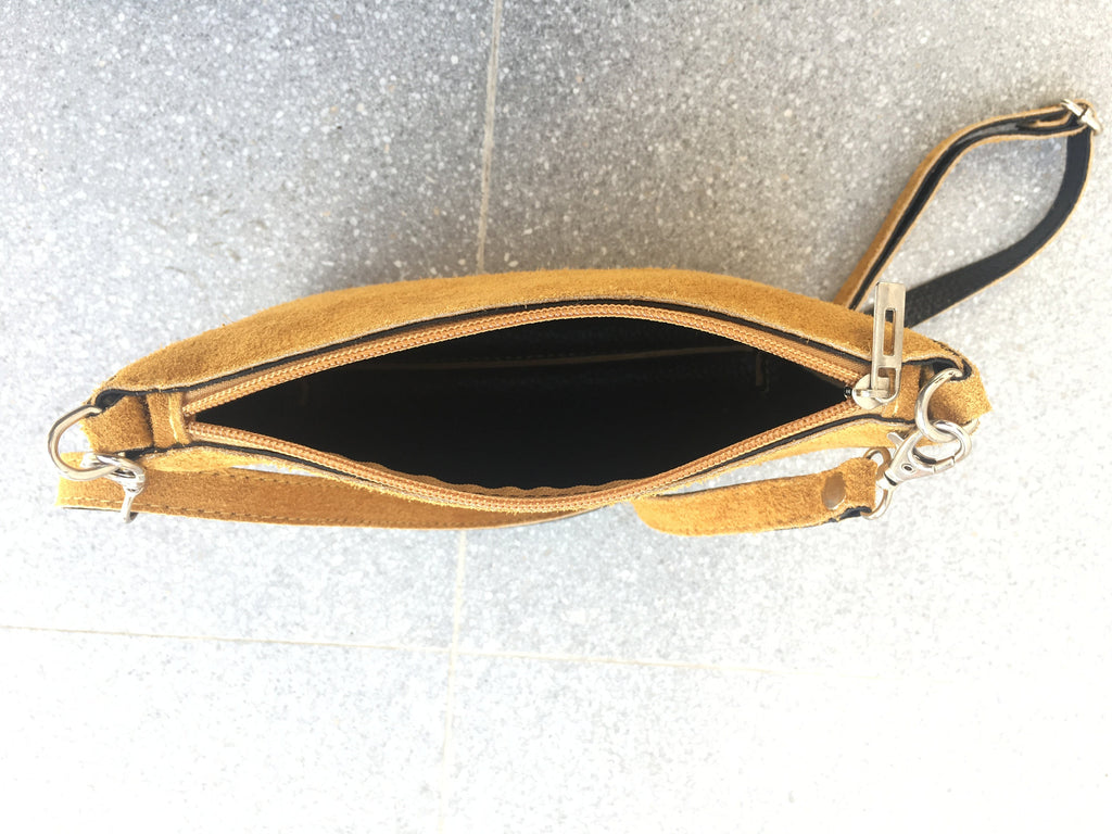 Suede leather bag in MUSTARD YELLOW .Crossbody bag or shoulder bag in GENUINE leather. Suede purse with adjustable strap and zipper.