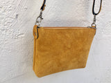 Small suede bag in MUSTARD YELLOW with matching belt. Cross body bag and OBI belt set in suede leather. Adjustable strap and zipper