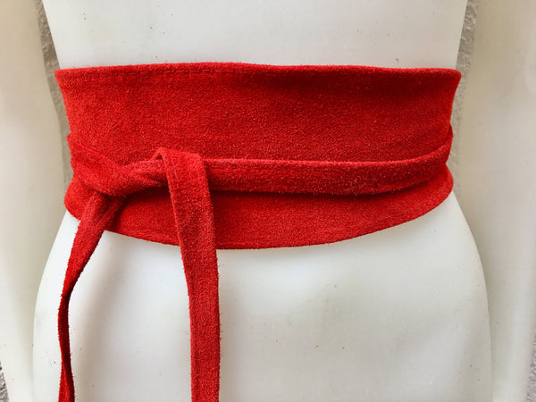 RED suede OBI belt in natural soft suede,SASH, genuine leather waist belt, suede wrap belt in red, wraparound suede belt, bridesmaids belts