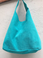 Slouch bag.Large TOTE leather bag TURQUOISE blue. Soft natural suede genuine leather bag. Boho bag closed with a ZIPPER. Blue soft suede bag
