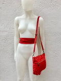 BOHO suede leather cross over bag in RED with matching belt. Soft natural leather bag and belt. Messenger bag in genuine suede leather