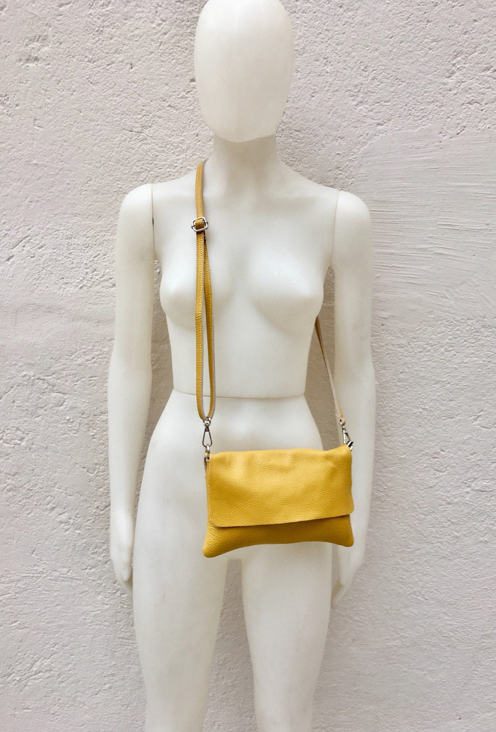 Small leather bag in mustard YELLOW with extra guitar strap. Cross body bag, shoulder bag in GENUINE leather. Yellow bag with zipper + flap