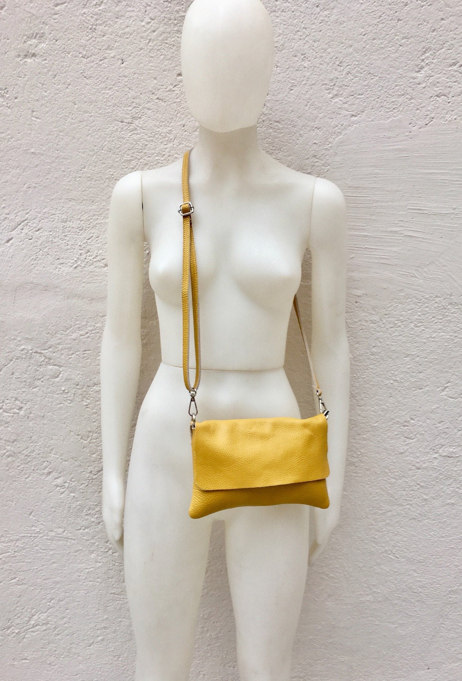 Small leather bag in mustard YELLOW with extra guitar strap. Cross body bag, shoulder bag in GENUINE leather. Yellow bag with zipper + flap
